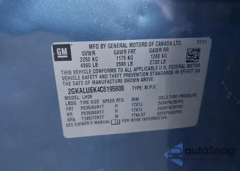 2012 GMC Terrain Slt-1 из США, поврежденный, VIN 2GKALUEK4C6195808